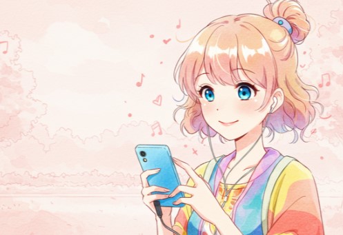 スマホで音楽を聴いている画像